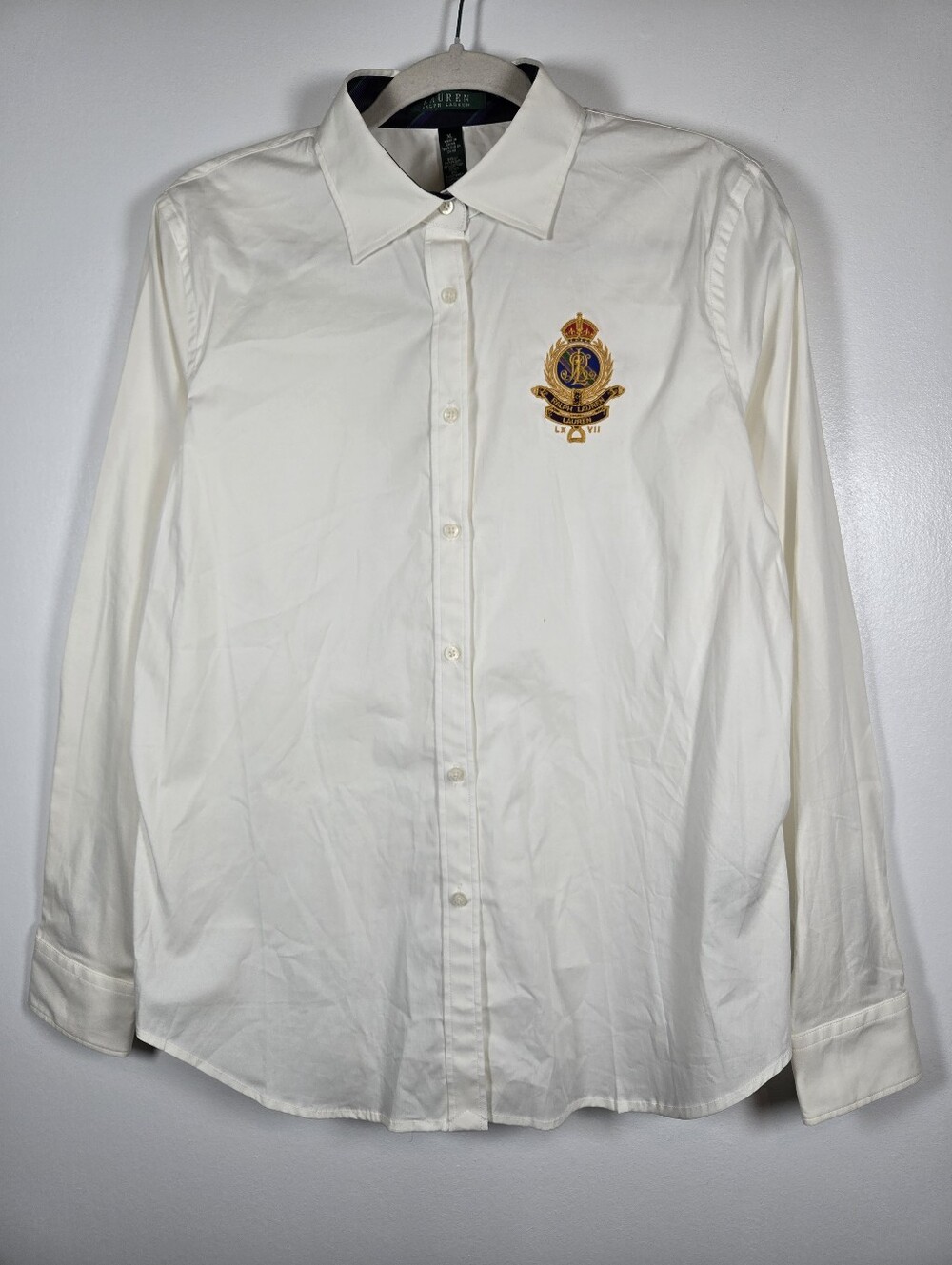 NEW Lauren Ralph Lauren Embroidered Crest Ivory Long Sleeve Button Down Top XL